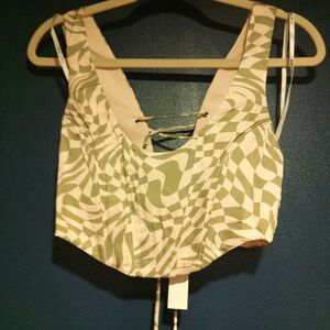 For Love And Lemons Light Pink/Green Corset Top with Lace-Up Back New With Tag